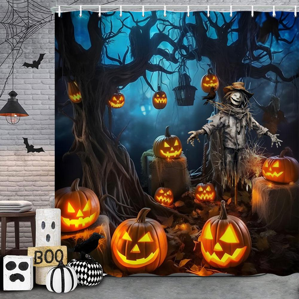 

Halloween Shower Curtain Horror Trickster Bat Black Cat Autumn Pumpkin Washable Polyester Fabric Shower Curtains Bathroom Decor 35x70in-90x180cm