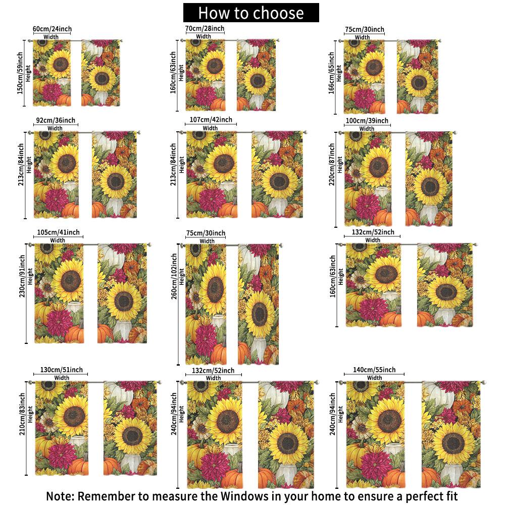2Pcs Autumn Sunflower Pumpkin Mixed Floral Rod Pocket Curtains Double Sided Window Drapes Privacy Protection Curtain Panels F