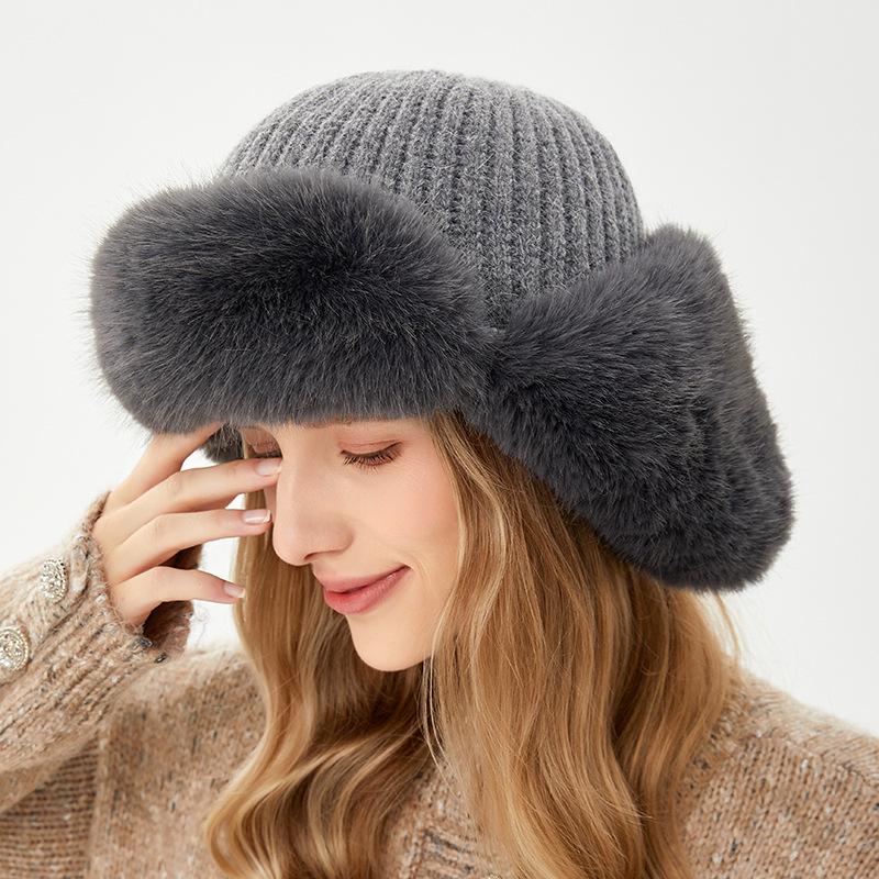 Lei Feng Hat Winter Women's Outdoor Riding Warm Hat Windproof and Cold Rabbit Fur Ear Hat