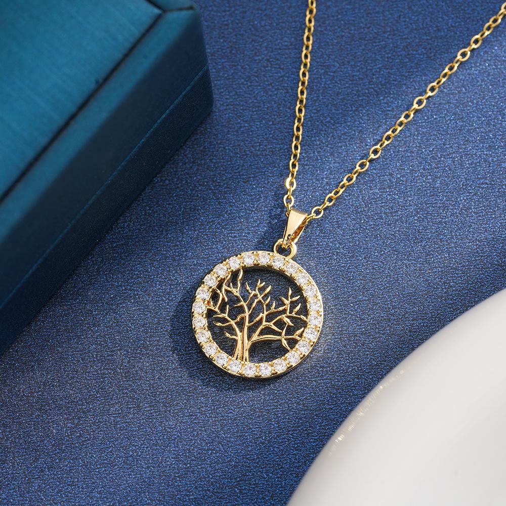 European American Style Titanium Steel Tree Necklace with Zircon Pendant