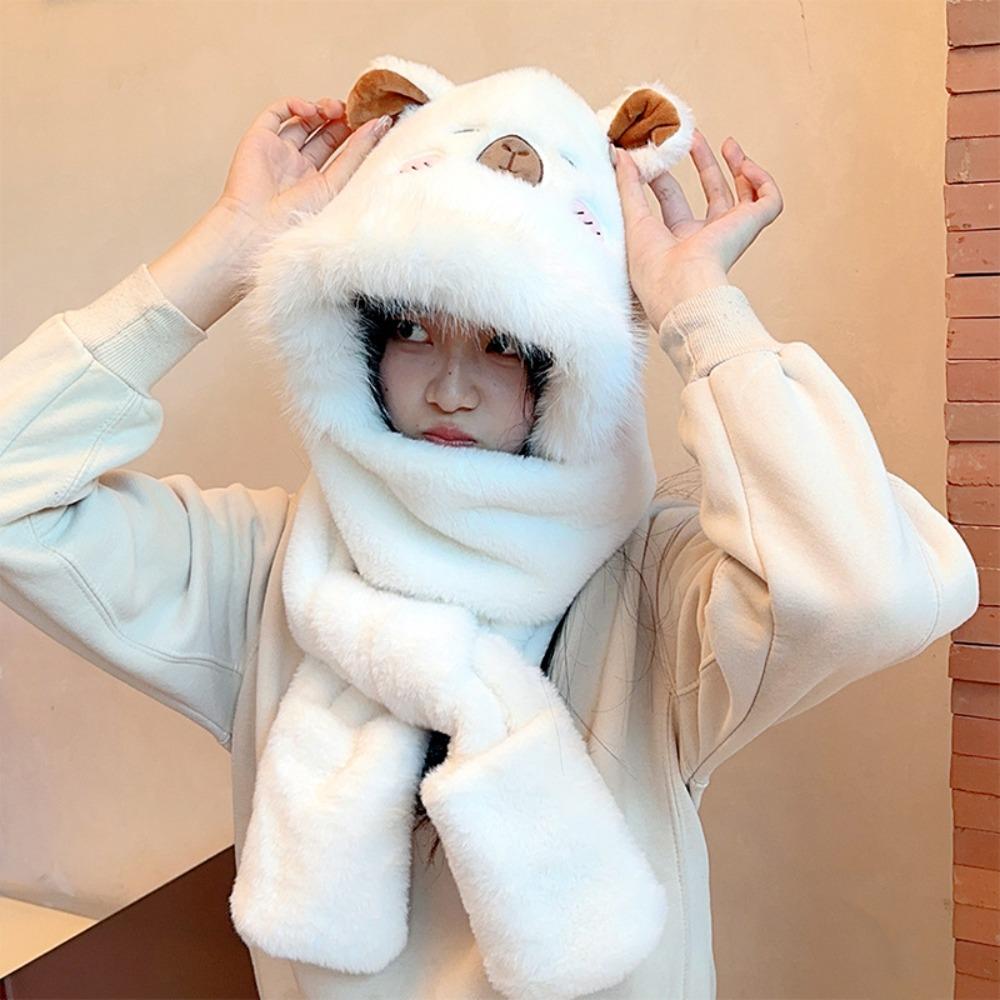 Cartoon Capybara Hat Scarf Gloves Set Korean Style 3 In 1 Hat Plush Hooded Scarf Students