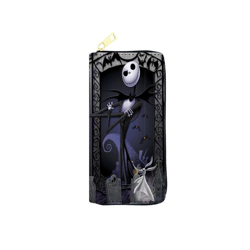 Nightmare Before Christmas PU Langbörse für Damen Reißverschluss-Kupplungstasche Kosmetiktasche Jack Skellington Aufdruck Schwarz 3 Stück
