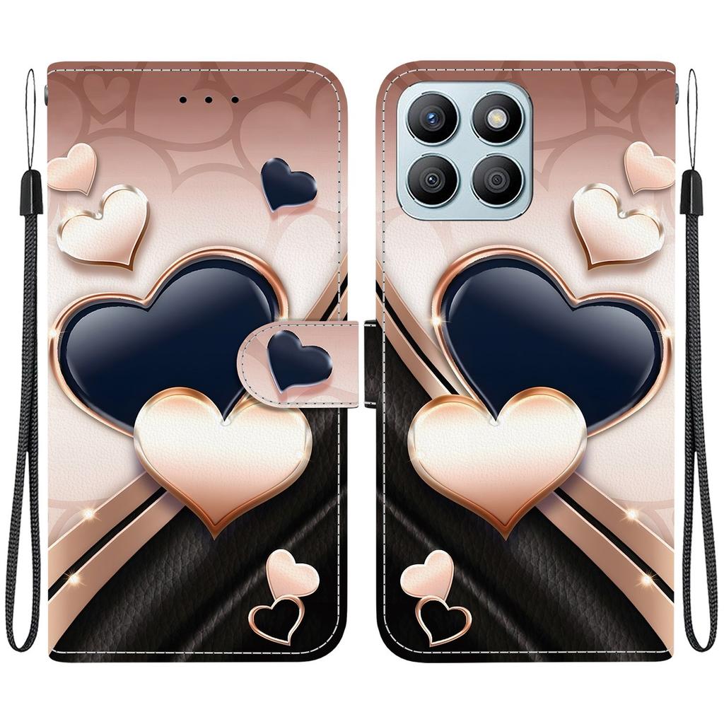 Handmade PU Leather Flip Case for Honor X8b Anti-Slip Shockproof Cover with Wrist Strap & Heart/Rose Cat Designs
