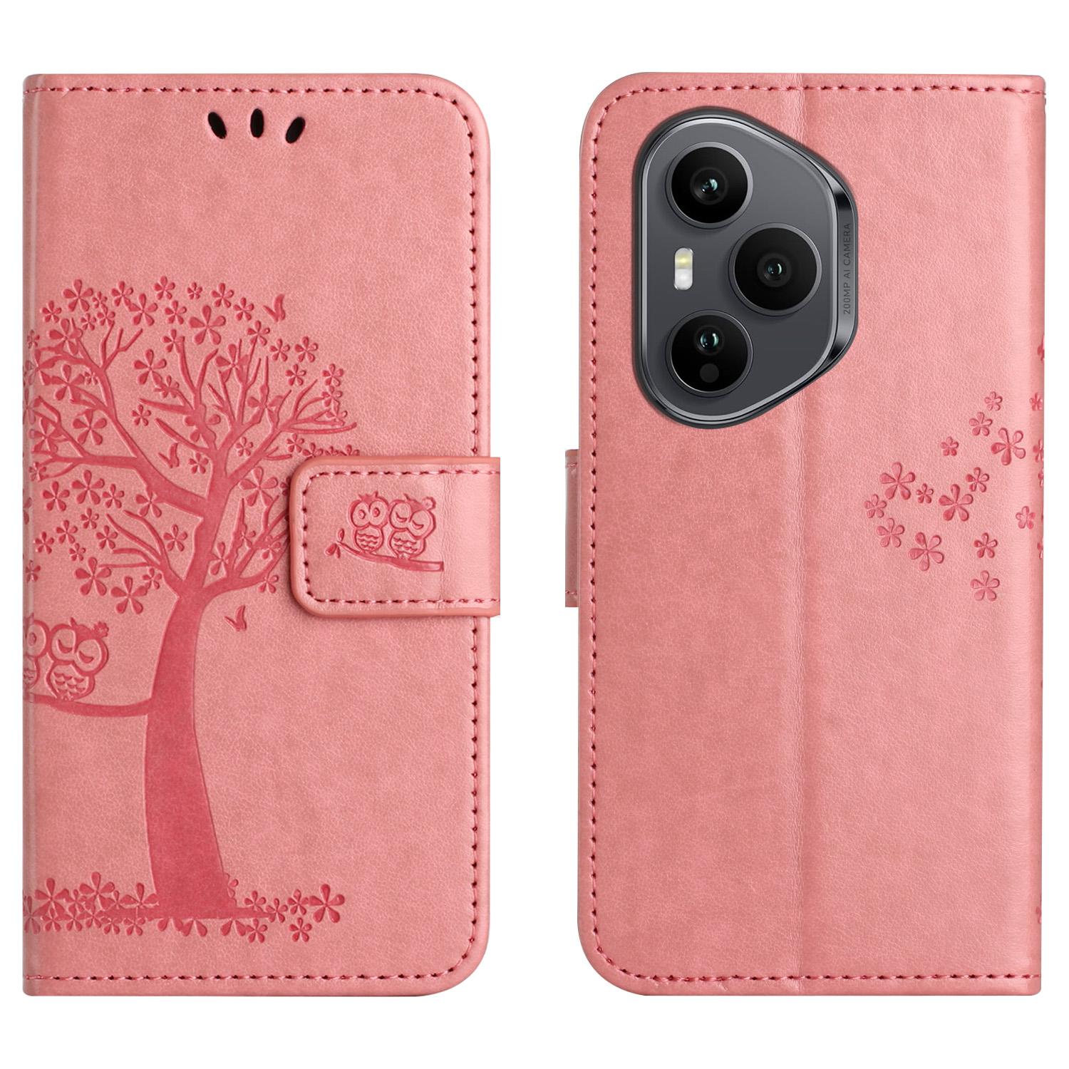 

For Honor 400 Pro 5G (Global) Case PU Leather Owl Tree Imprinted Wallet Phone Cover with Strap Pink