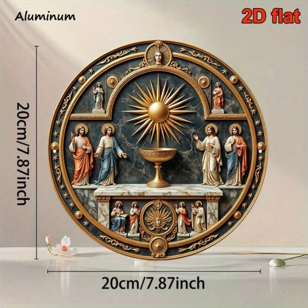 Vintage Sint Jozef Engel Rond Metalen Bord 20x20 cm Katholieke Muurkunst Altaar Decoratie