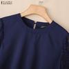 ZANZEA Blusa Casual de Mujer con Cuello Redondo y Encaje en la Manga Media