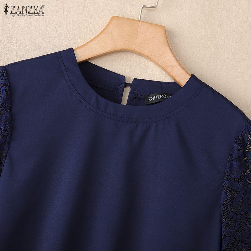 ZANZEA Blusa Casual de Mujer con Cuello Redondo y Encaje en la Manga Media