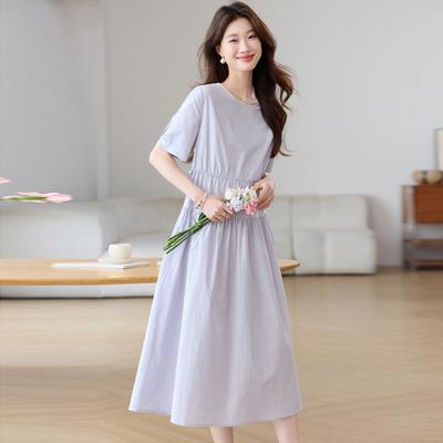 Summer New Fashion Design Sense Simple Skirt Loose Drawstring Waist Thin Short Sleeve Pure Cotton Dress Women