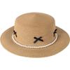 Temperament bow pearl chain flat top straw hat women's seaside beach vacation sun protection sun hat top hat cool hat