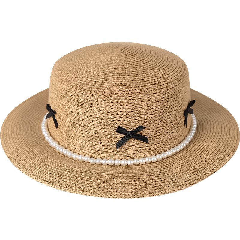 Temperament bow pearl chain flat top straw hat women's seaside beach vacation sun protection sun hat top hat cool hat