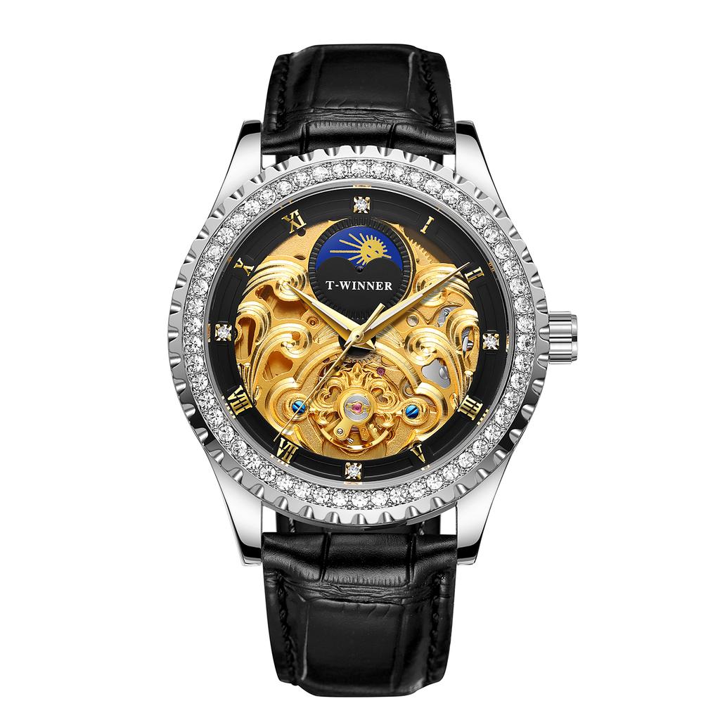 Luxury Men's Gold Case Mechanical Watch with Moon Phase Stainless Steel Strap Waterproof Automatic Wristwatch for Male Fashion