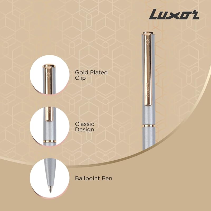 

Luxor Royale, Ikon, Ball Pen, Pack Of 1, Metallic Shiny Silver Body, Ink Colour- Blue, Gold Trim, Stylish Clip, Sleek & 11