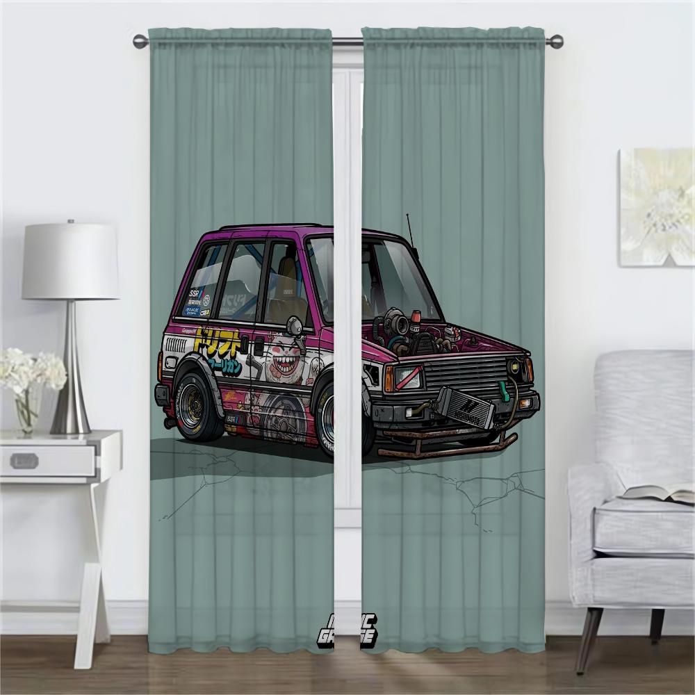 Retro Car Kitchen Curtains for Living Room Curtain Shades Partition Tulle for Bedroom Home Interior Curtains 2 Pieces Blackout