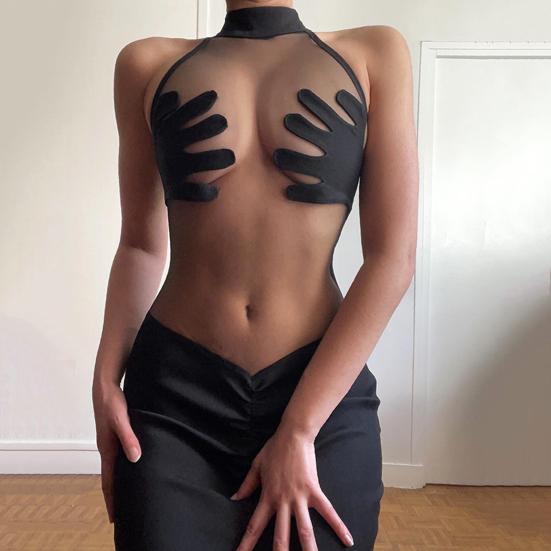 O-neck Sleeveless Hip Wrap Hand-shaped Cover Bodycon Dress Ruched See-Through Mesh Stitching Sexy Mini Dress Club Wear