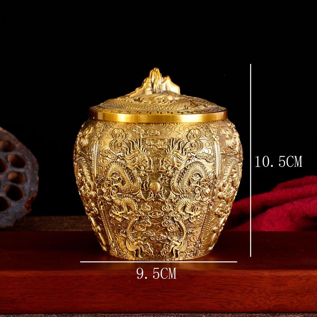 Kangqian Dragon & Phoenix Copper Tea Caddy - Dragon Head Storage Jar for Office Tea Ceremony