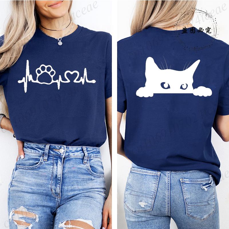 Cute Black Cat Print Crew Neck Womens TShirt Clothing Short Sleeve Casual Tee Tops for All Season Cat Lover Womens Clothing