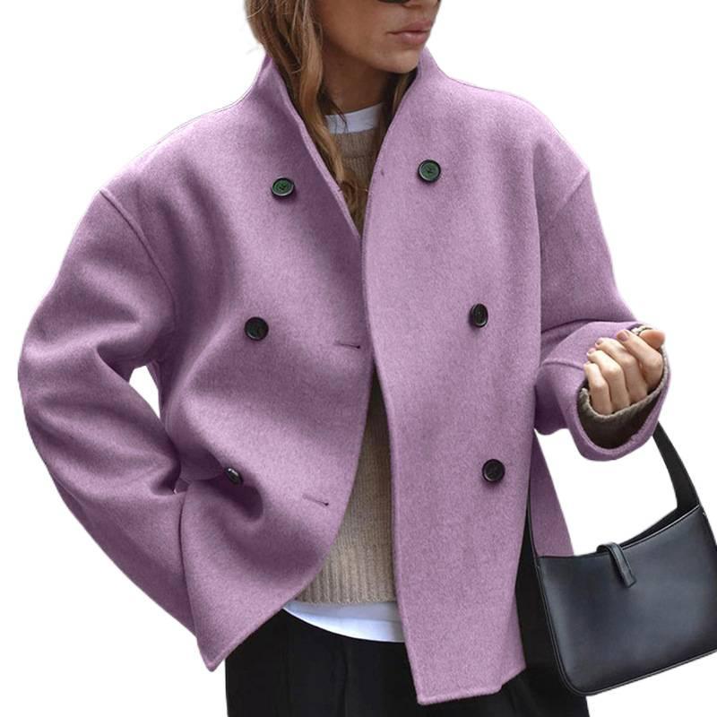 Women's Double-Breasted Solid Color Wool Coat Casual Elegant British Style Versatile Top for Women