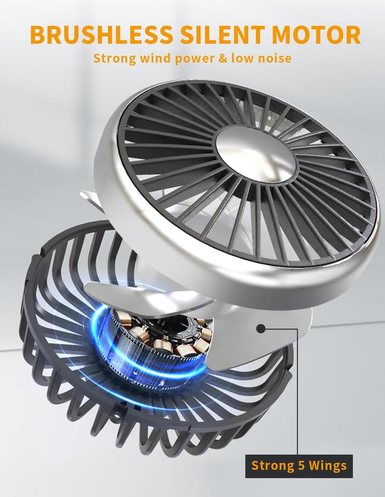 Dual Car Backseat Cooling Fans with 2 Independent Heads and Lights 3 Speeds 360° Rotatable Quiet Vehicle Fans