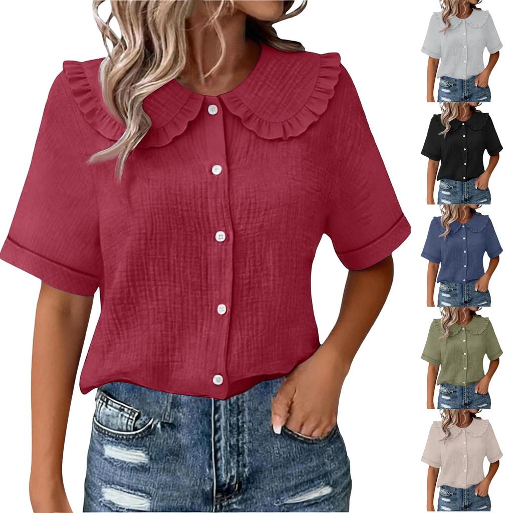 Women Summer Short Sleeve Shirt Dress Style Blouse Ruffle Collar Button Front Closure Casual Loose Fit Textured Top