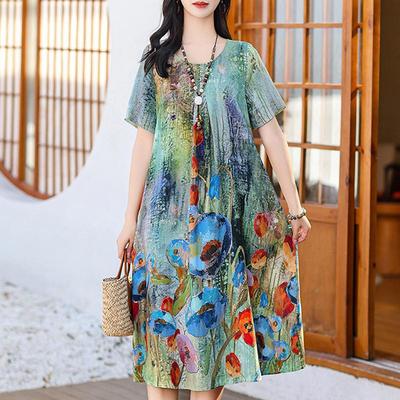 Summer Elegant Long Dresses for Women Plus Size Loose Short Sleeve Vintage Print Women's Dress