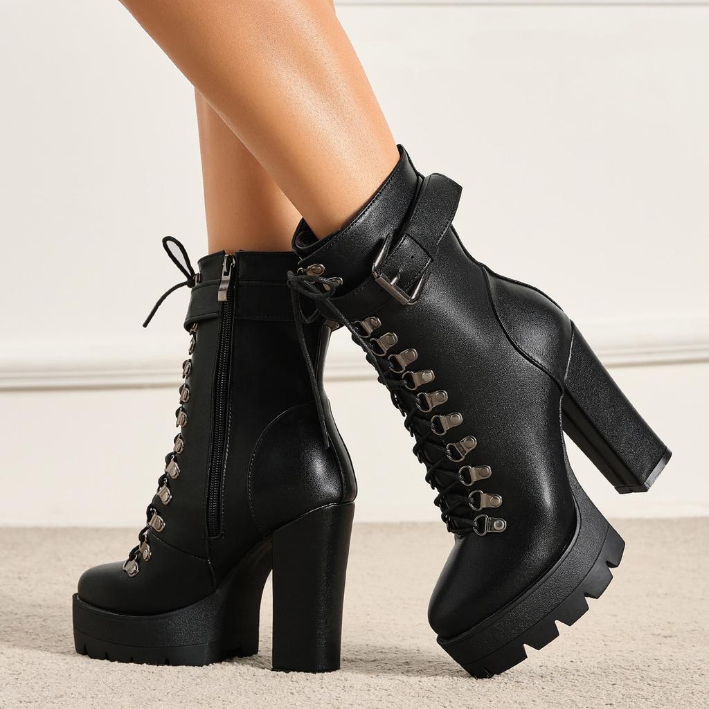 Autumn and winter ebay supply fashion thick-soled high-heeled large-size front lace-up low-tube Martin boots women
