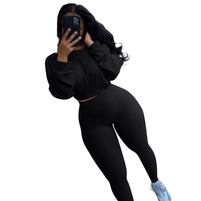 

Жіночі спортивні костюми з двох предметів у рубчик із вишитою літерою, осінь-зима, світшот із довгими рукавами та вузькі штани M чорний