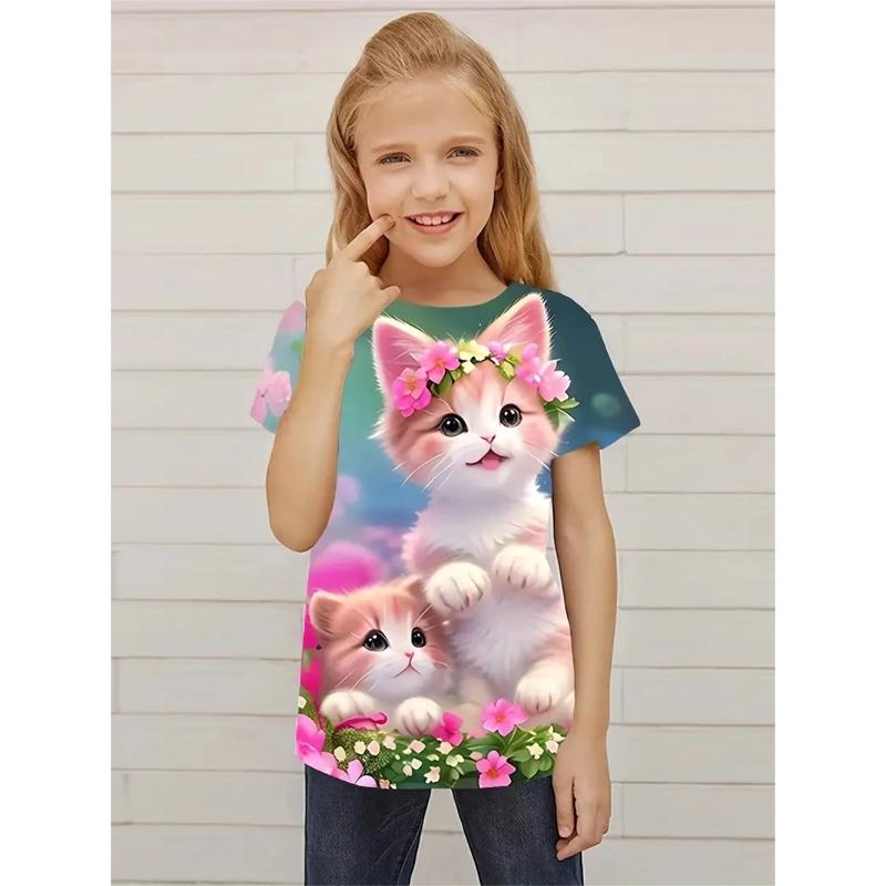 Summer Round Neck 3D Cat Pattern Printed Top Fashionable and Casual Short Sleeved Children's Girl T-shirts