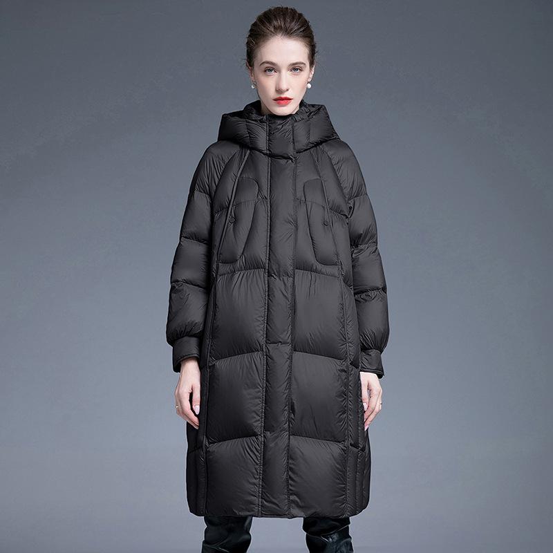 European products popular white duck down winter new knee thickened hooded large size down jacket women's medium and long