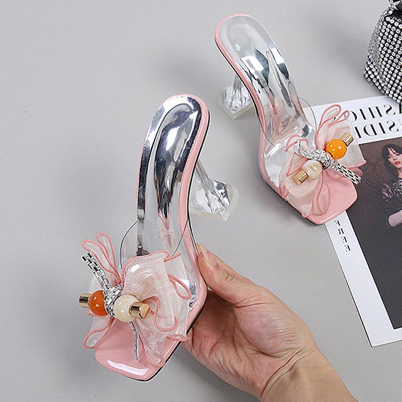 Liyke Transparent Slippers For Women Summer Fashion Green Butterfly -Knot Designer Sandals Clear Heels Size 46 Female Shoes