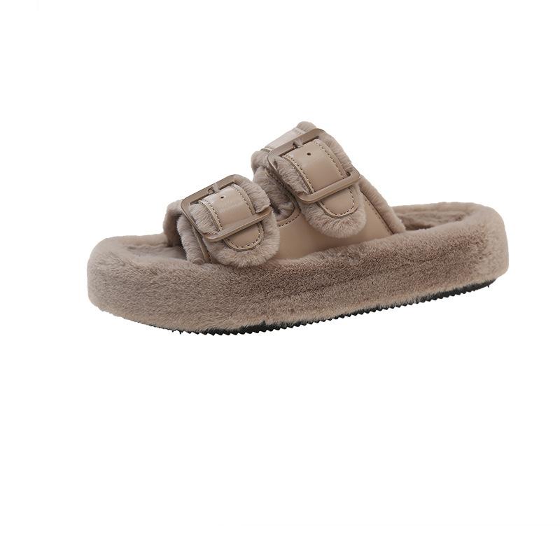 Fashion Thick-bottom Extra Size Wool Women's Slippers 2024 New Autumn and Winter Fashion Leather Buckle Plush Cotton Drag