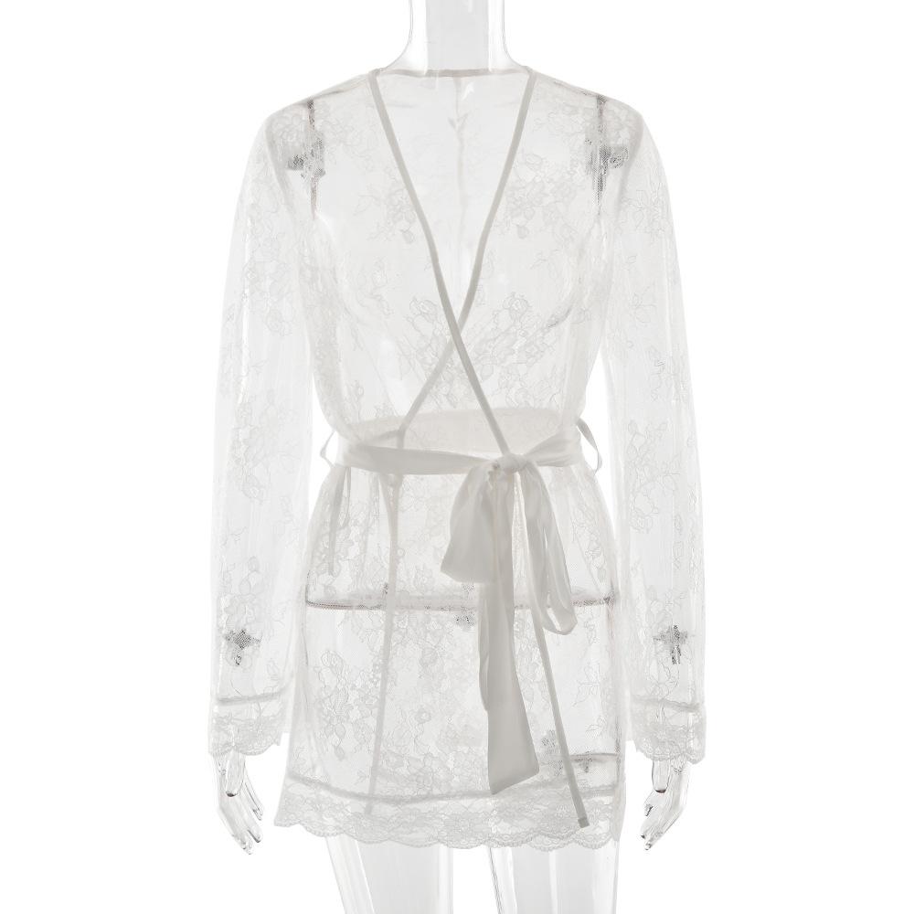

European and American sexy solid color lace perspective dress strap cardigan long sleeve lace hip wrap short skirt women S белый