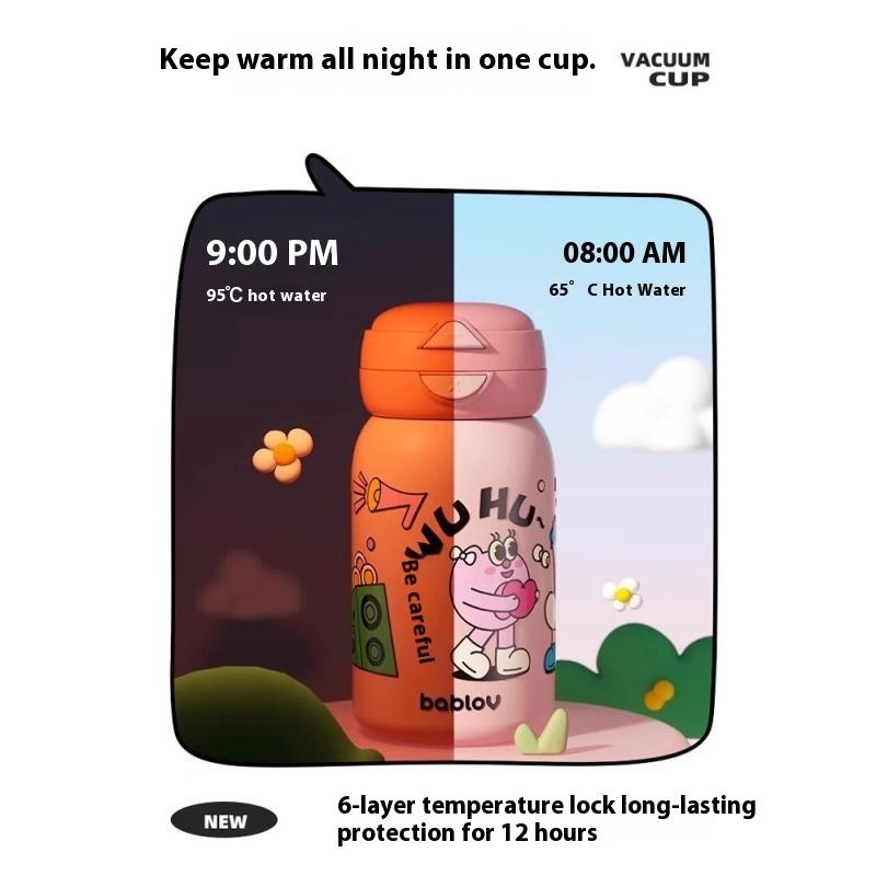 Bablov 550ML Thermos Water Bottle With Straw Cute Cartoon Stainless Steel Vacuum Flask Kids Portable Outdoor Camping Water Cup