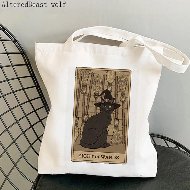 Dam Shopper bag katt Månen Tarot Tryckt Kawaii Väska Harajuku Shopping Canvas Shopper Bag flicka handväska Tote Axel Damväska