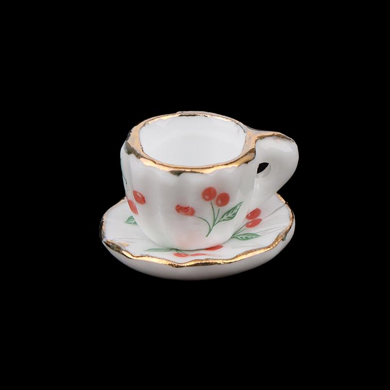 1Set/2Pcs 1:12 Dollhouse Miniature Cherry Ceramic Cup Saucer Kitchen Tableware Model Decor Toy Doll House Accessories