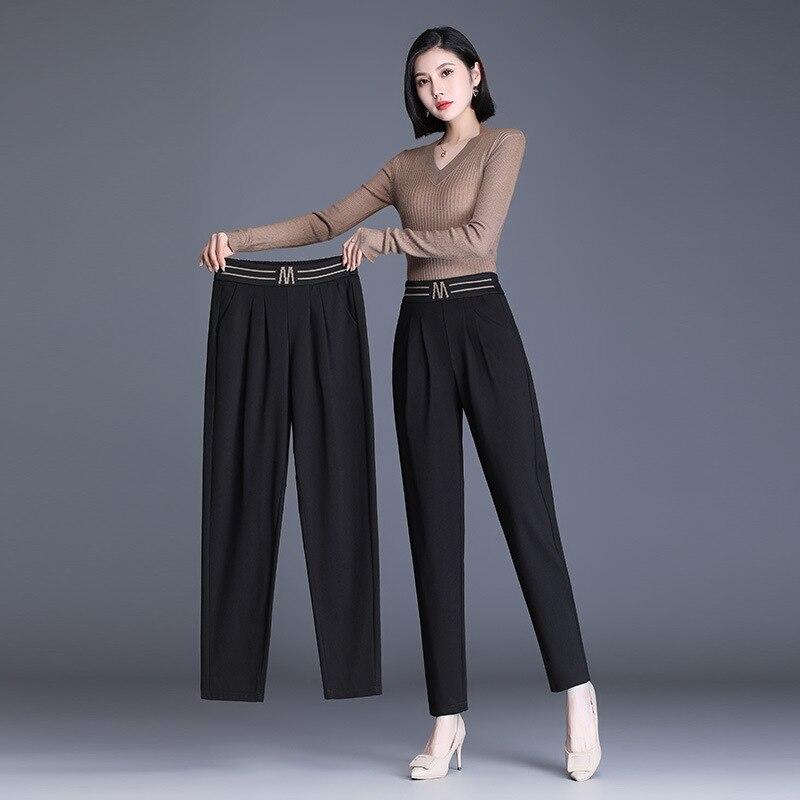 

Весенне-осенние женские повседневные модные брюки с высокой талией в стиле Харадзюку, однотонные элегантные свободные брюки, офисные женские простые брюки, уличная одежда XXXL чёрный