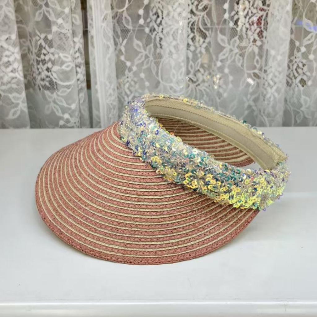 Light Luxury High-end Raffia Empty Top Straw Hat Women's Summer Sunshade Cap Sun Protection Big Edge Sun Hat Sequined Hat