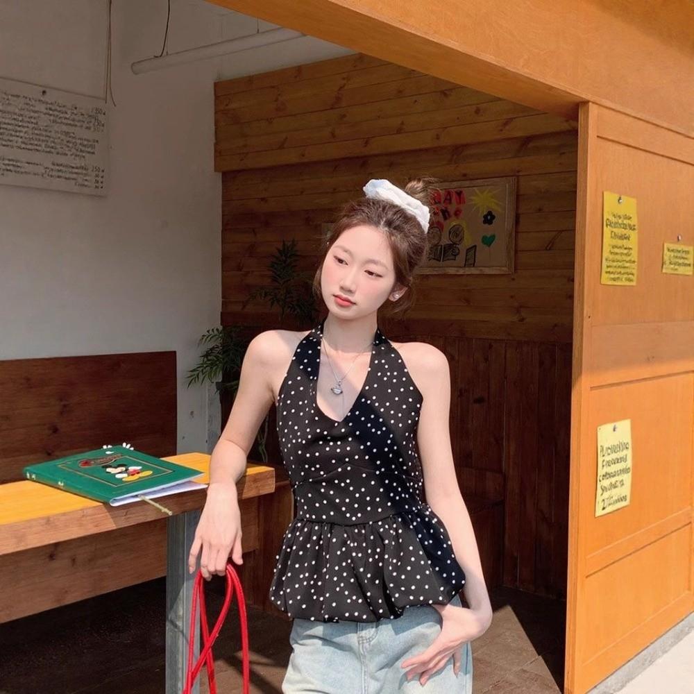Y2k Halter Ruffle Vest Top Polka Dot Women Camisole Comfortable Sleeveless Crop Top Female