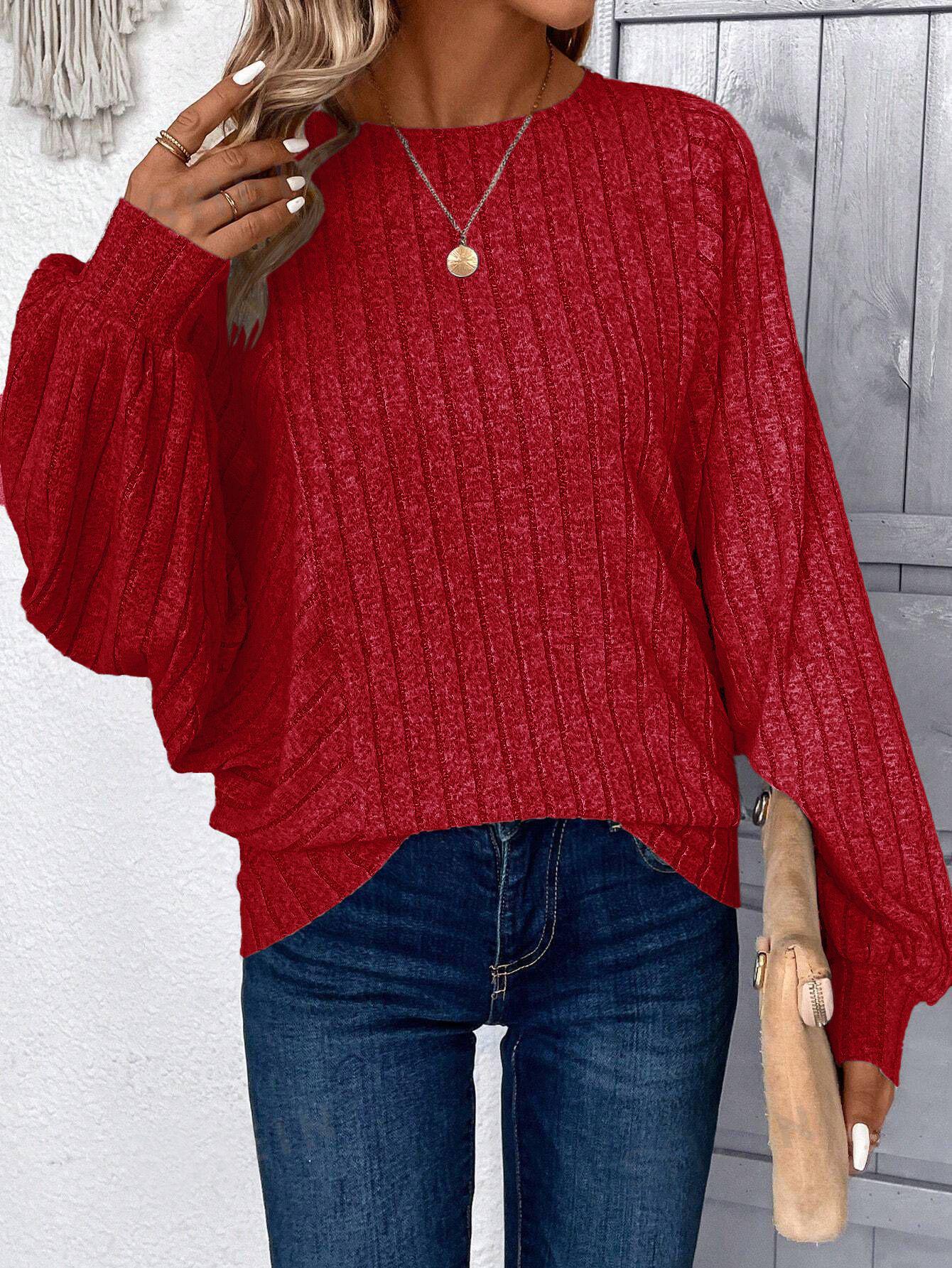

2025 Plus Size Women s Chic Lantern Sleeve Top - Comfortable Casual Solid Color for Autumn & Winter 5XL вина червоного кольору