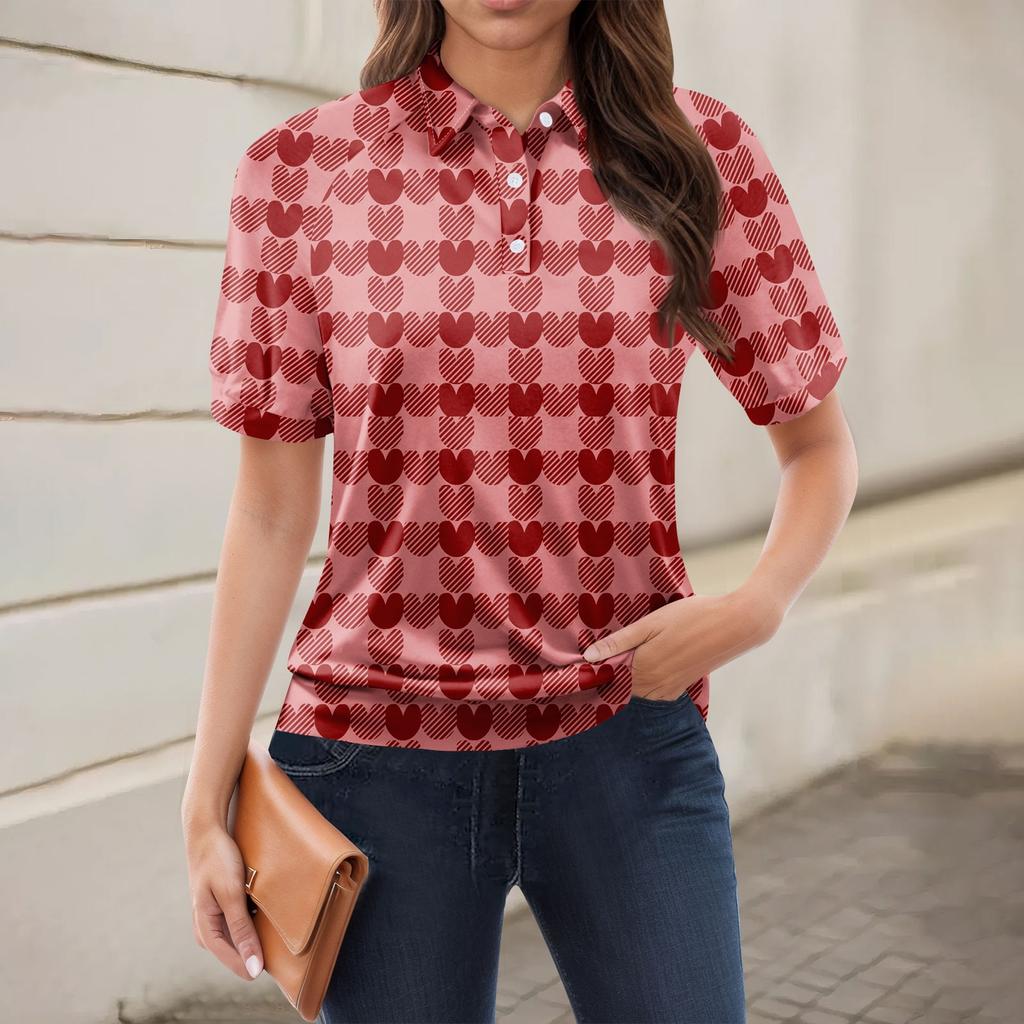Women's Casual Floral Print V-Neck Short Sleeve Decorative Button T-Shirt Top