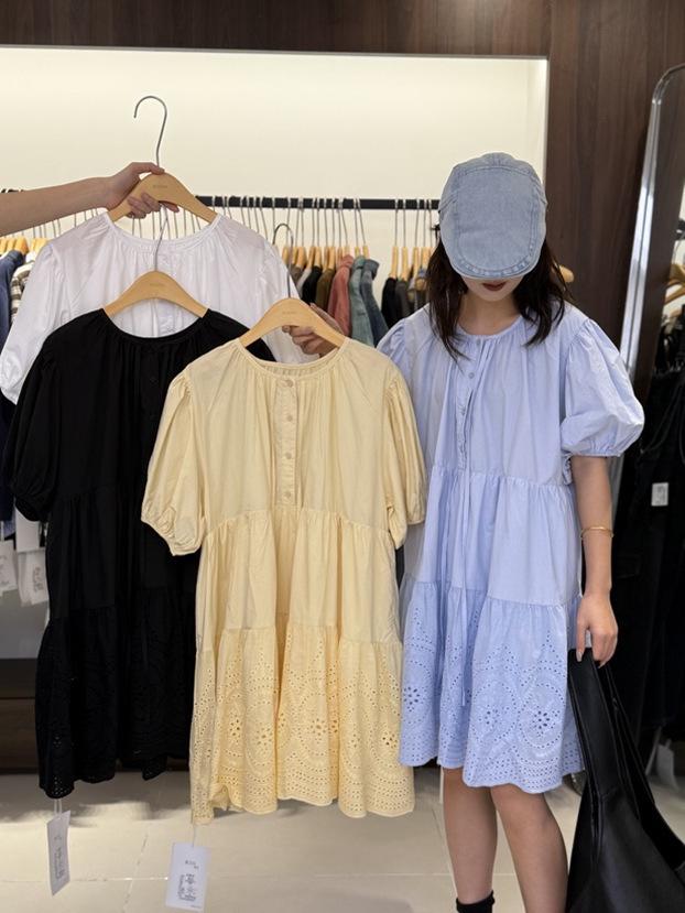 

Makuqie Spring/Summer French Loose Plus Size Retro Hollow-Out Round Neck Age-Reducing Short Sleeve Dress One Size білий