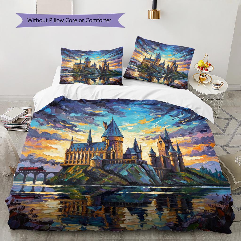 Oil Painting Style Castle Pattern Bedding Quilt Set Home Decoration Gift (1 * duvet cover + 2 * pillowcase without core)