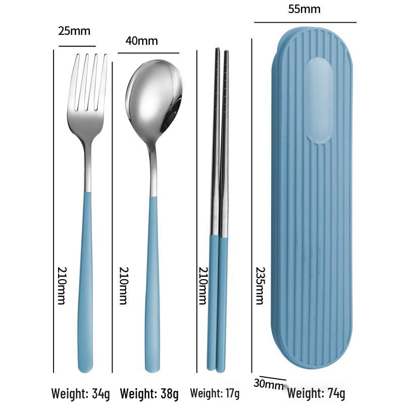 Set di Posate in Acciaio Inossidabile 304: Forchetta, Cucchiaio, Bacchette con Scatola a Strisce Verticali per Viaggio, Campeggio, Uso Studentesco