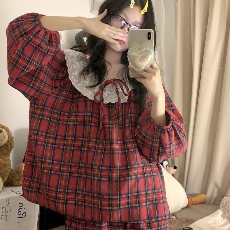 Women's Red Plaid Lace Trim Pajama Set - Long Sleeve & Pants