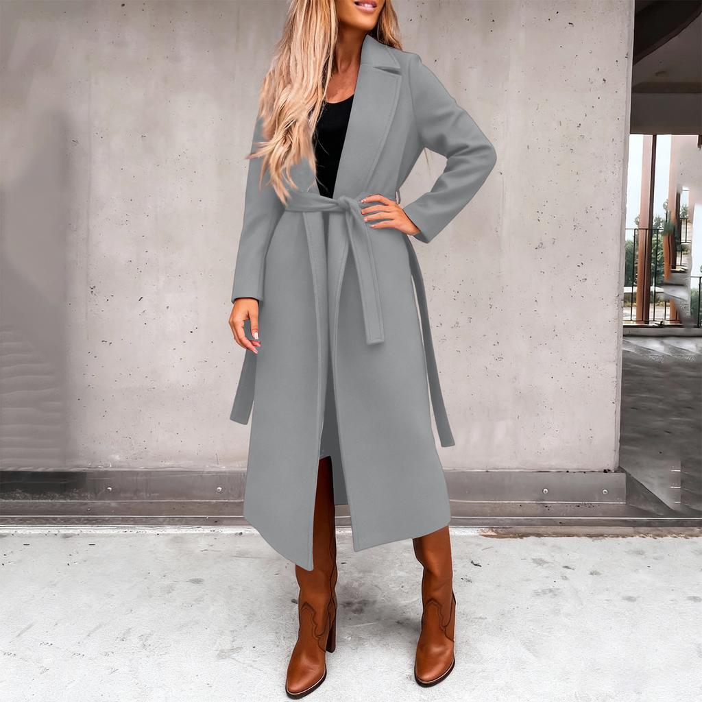 Damen Casual Mode Einfarbig Langärmlig V-Ausschnitt Bindegürtel Langer Wollmantel