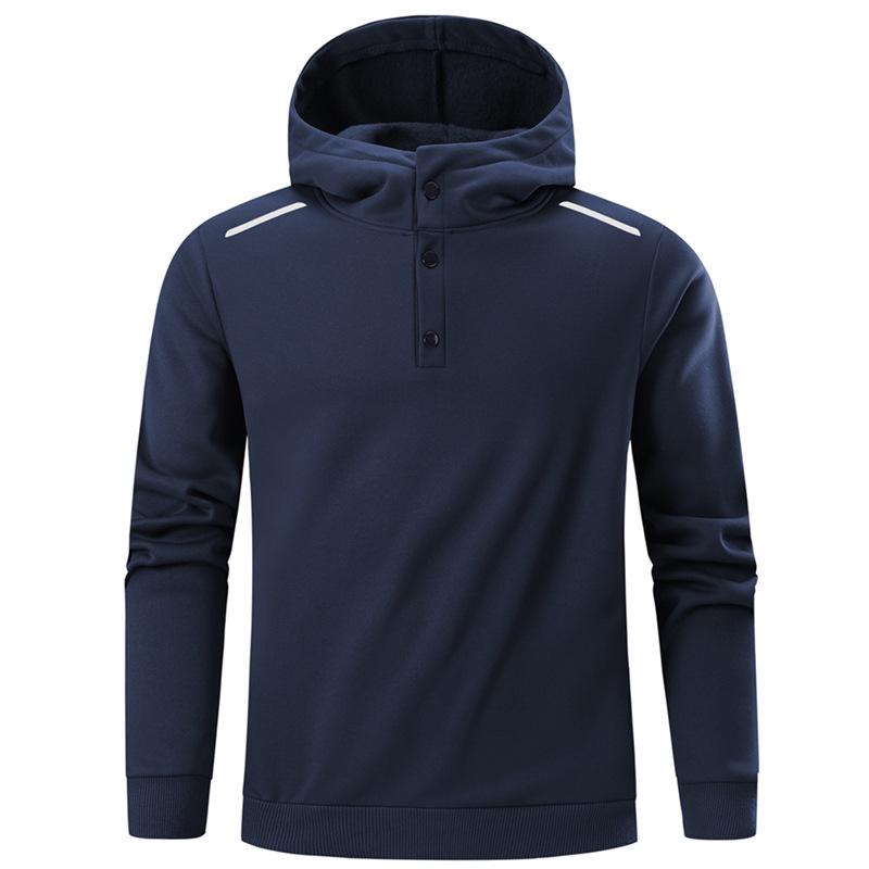 

Autumn/Winter Fleece-Lined Men s Hoodie with Half-Button and Two-Way Zipper S темно-синього кольору