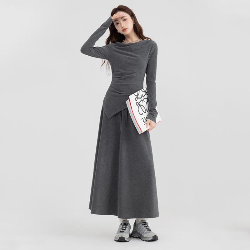 Elegant Autumn Two-Piece Set: Long Sleeve Irregular Top & One-Shoulder Midi Skirt