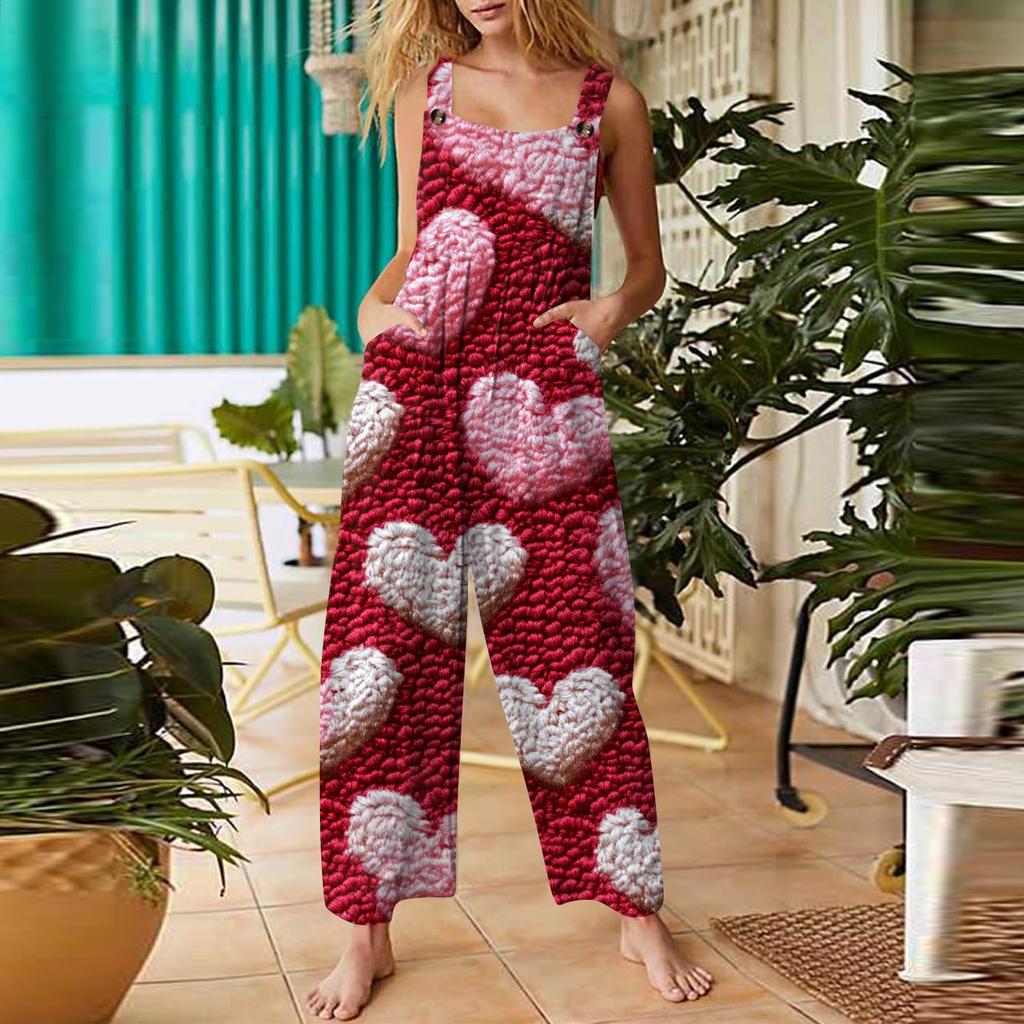 Women's Casual Jumpsuit Valentine's Day Heart Printed Cotton Jumpsuit