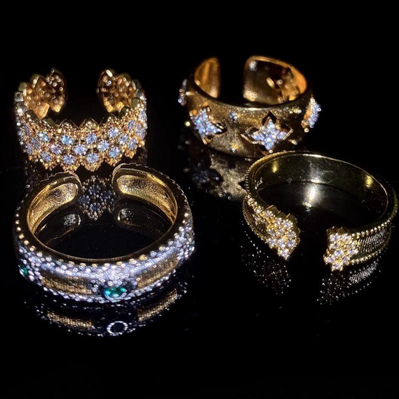 Women's Retro Industrial Gold-Plated 18k Ring with Brushed Finish and Diamond Inlays - Luxury, High-End Style