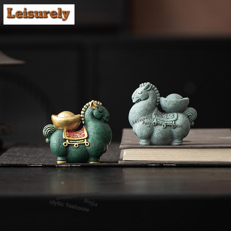 Green Sand Stone Wealth Ingot Horse Tea Pet Traditional Tea Games Tea Figurine Play Toys Tea Statue Ornaments Teaware Craft Gift