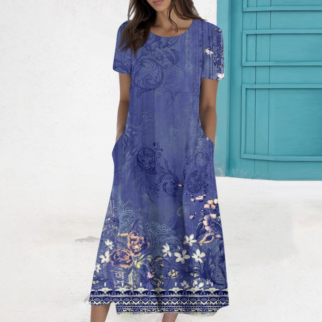 Women's Summer Casual Fashion Printed Short Sleeve Round Neck Pocket Dress